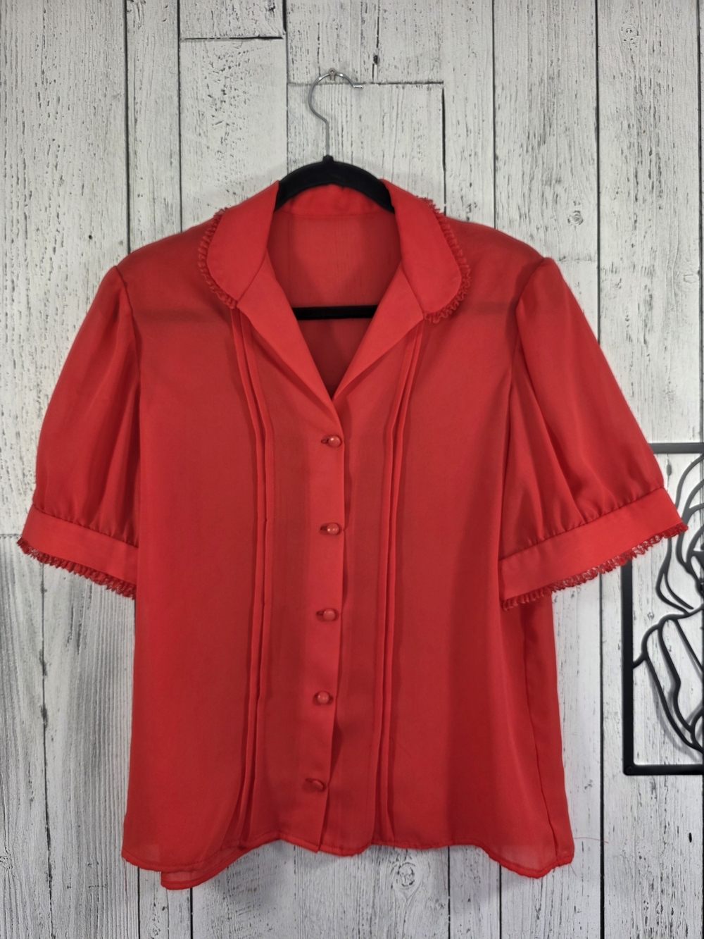 Vintage Red Puff Sleeve Secretary Blouse Pintuck Prairie Top Est Size XL
